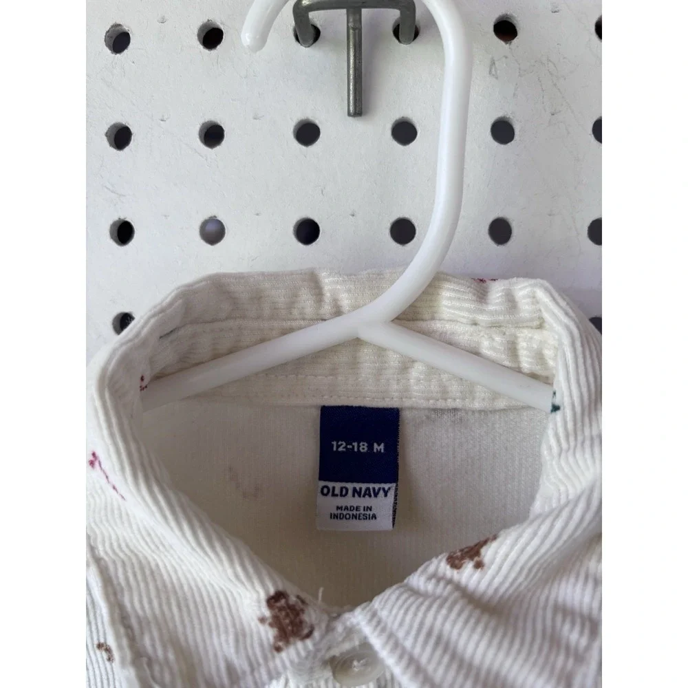 Old Navy Baby Boy 12-18m Corduroy Button Down Shirt Reindeer Christmas Tree